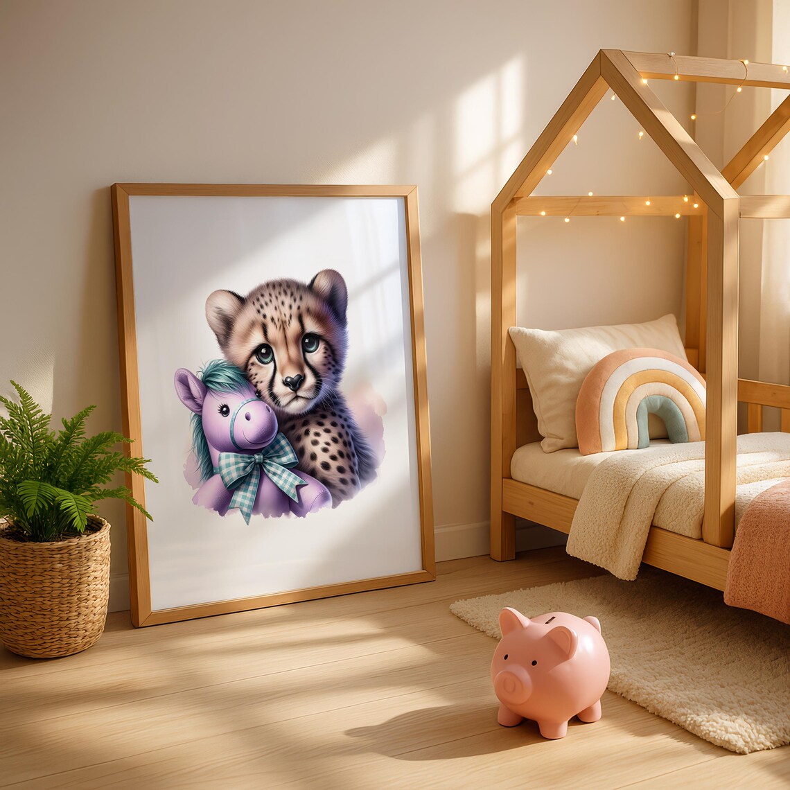 Baby Cheetah With Purple Toy Horse Adorable Nursery Safari Poster - Image 3
