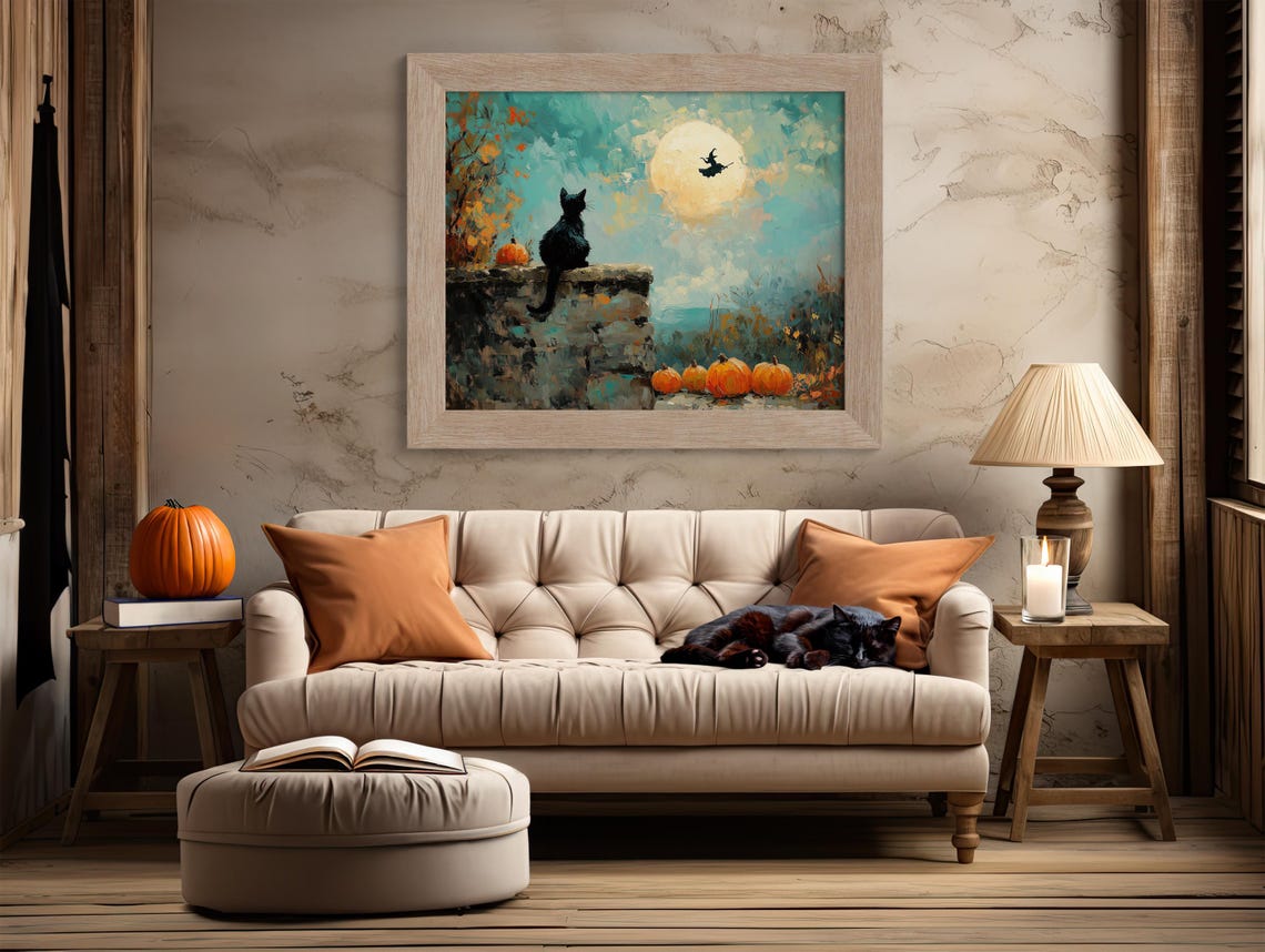 Black Cat Watching Full Moon With Witch Silhouette Halloween Poster - Image 2
