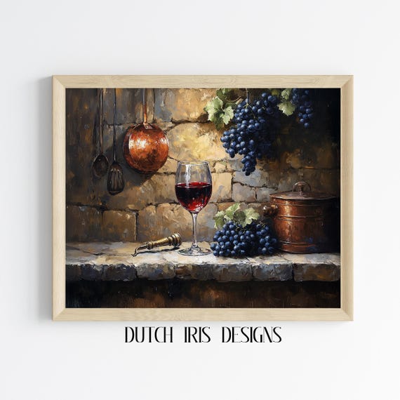Rustic Kitchen Art Print Vintage Wine Glass Painting Grapes And Copper Pot Moody Decor Wall Country 542