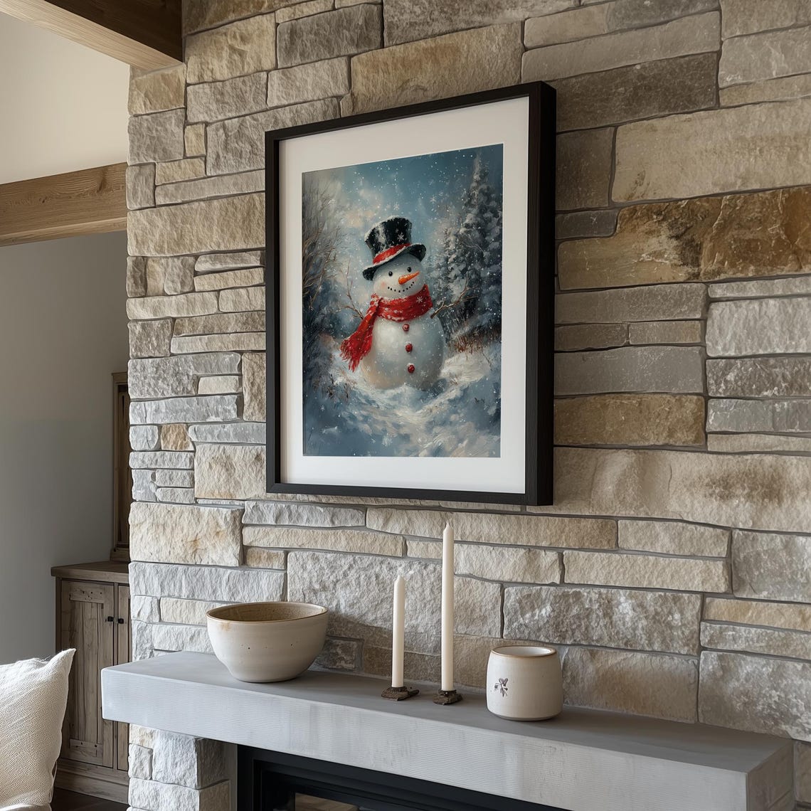 Cheerful Snowman In Falling Snow Classic Christmas Winter Scene Poster - Image 3