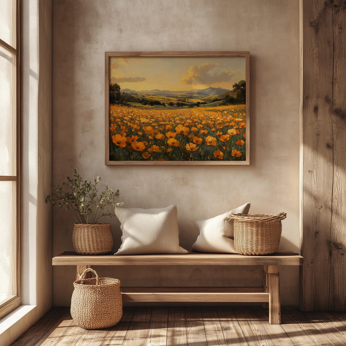 Golden Yellow Poppy Field at Sunset with Distant Mountain Hills Poster - Image 4