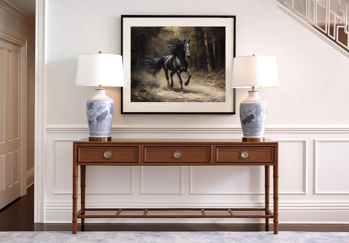 Black Horse Trotting On Misty Forest Path Moody Equestrian Poster - Image 4