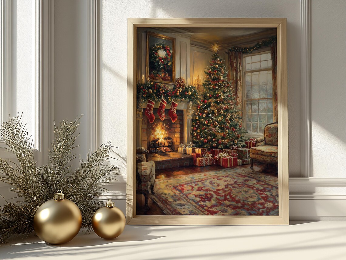 Cozy Christmas Living Room Fireplace Holiday Scene Painting Poster - Image 3