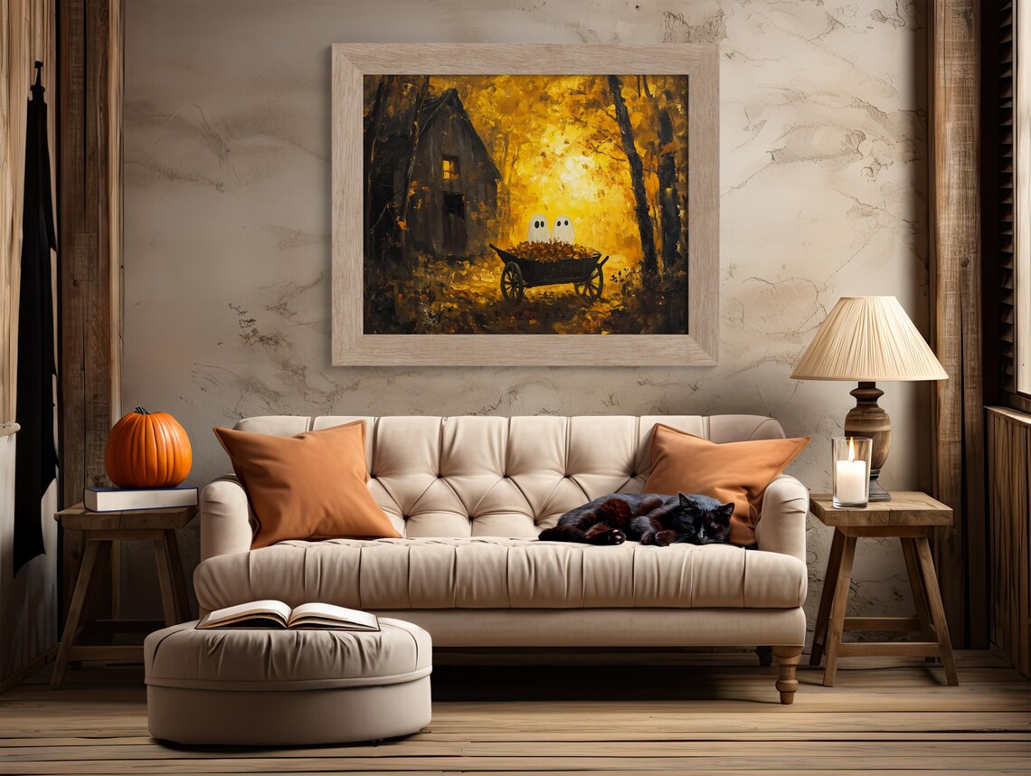 Cute Ghosts In Leaf Wheelbarrow Golden Autumn Farm Halloween Poster - Image 2