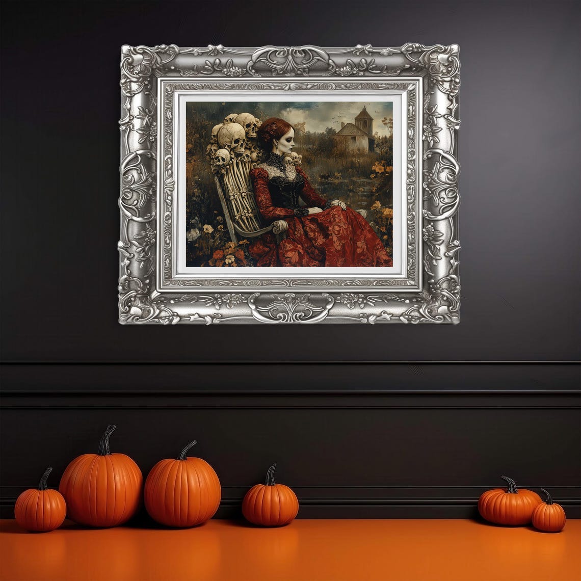 Gothic Lady In Red Gown Seated On Skull Throne Dark Romance Art Poster - Image 3