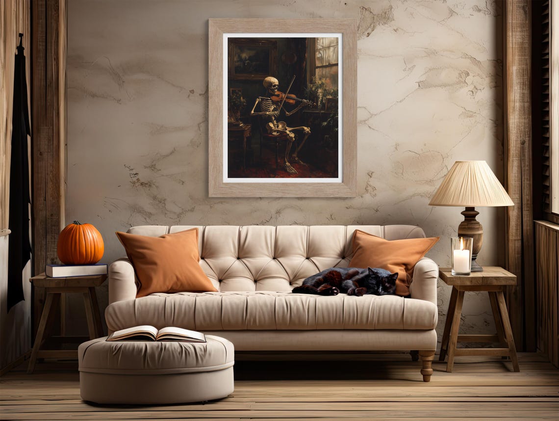 Skeleton Playing Violin In Dark Parlor Classical Music Poster - Image 2