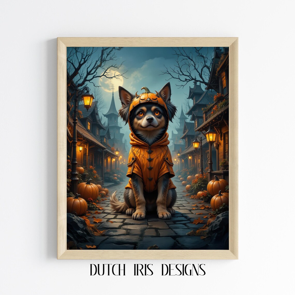 Halloween Dog in Pumpkin Costume Cozy Fall Night Scene Poster