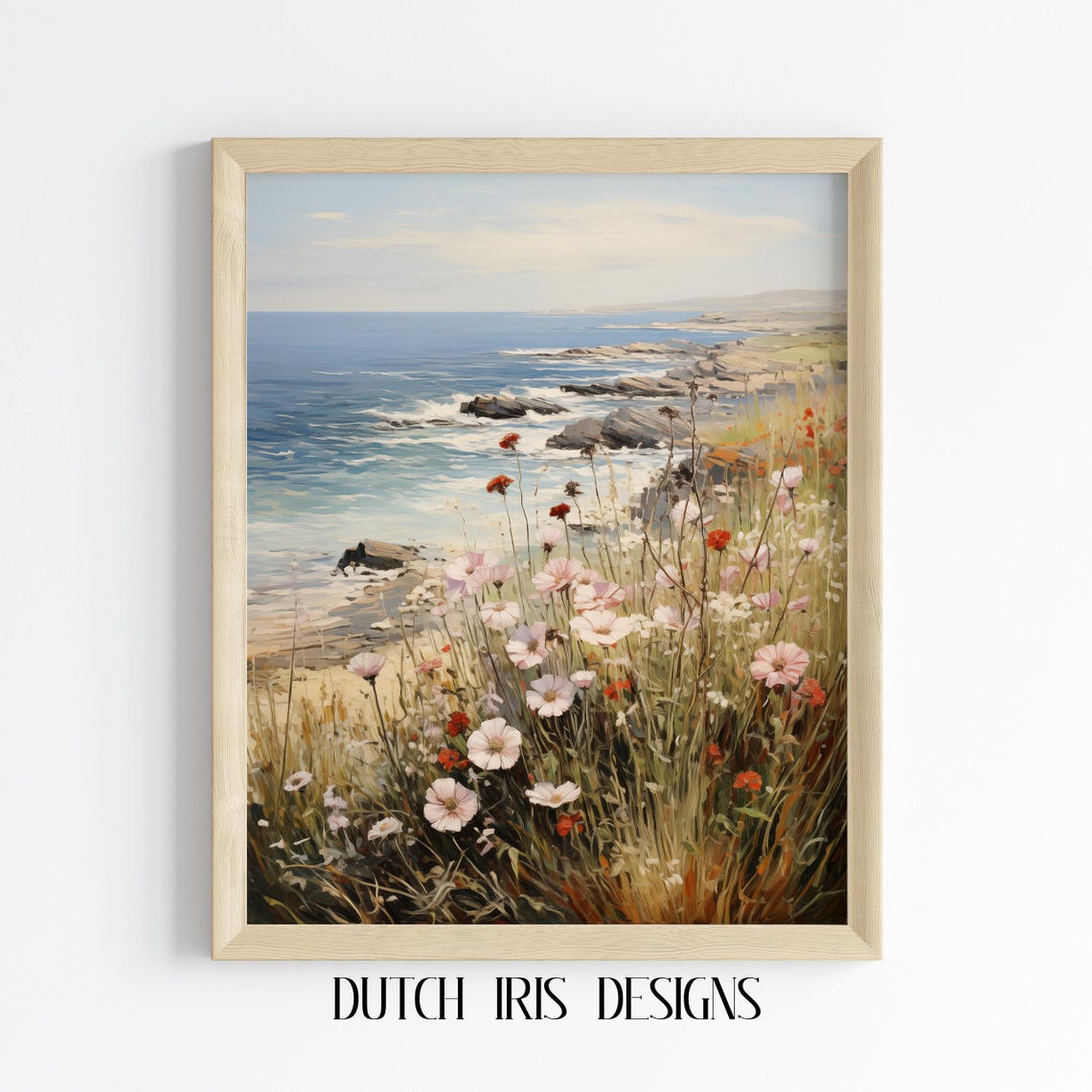 Coastal Wildflowers On Rocky Seaside Cliffs Vintage Ocean Art Poster