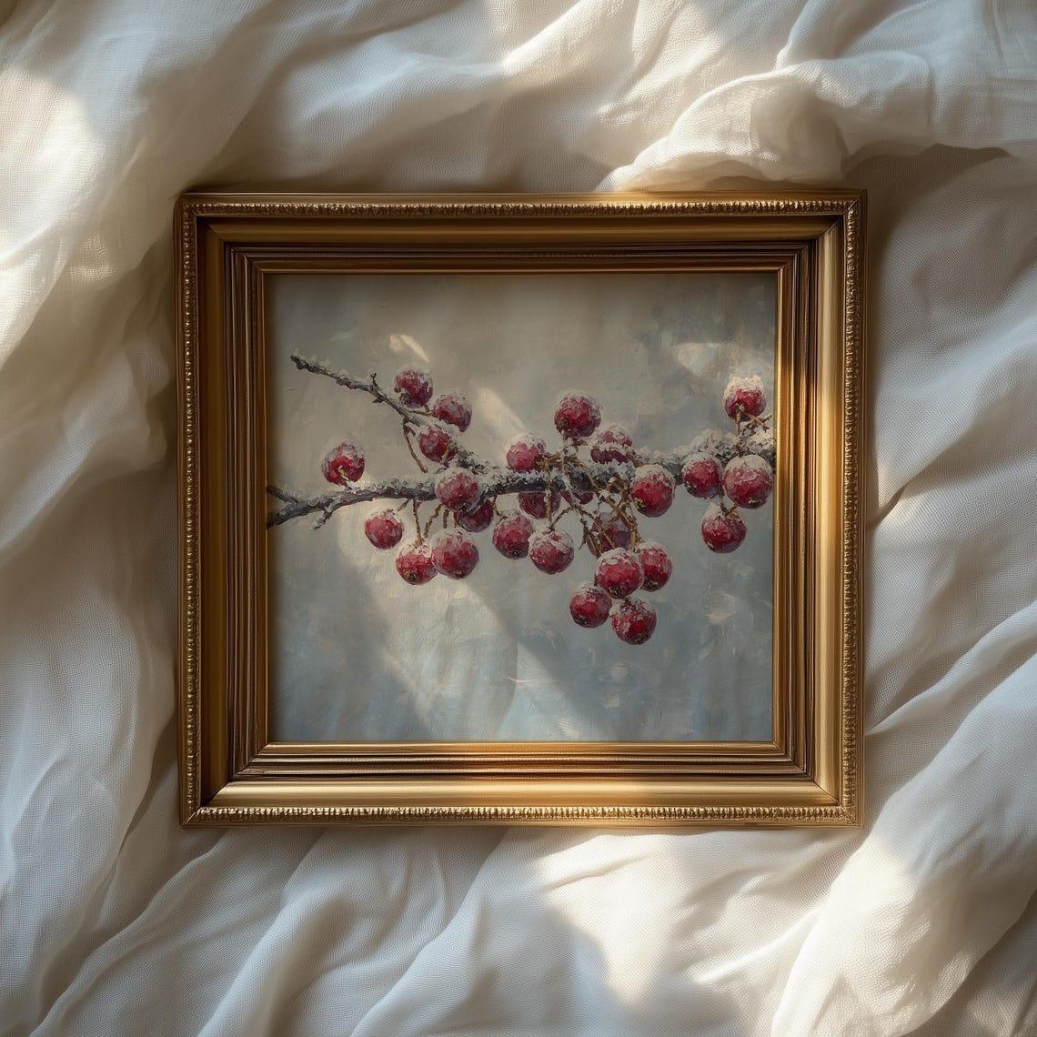 Frost Covered Red Berries Winter Twig Impressionist Art Poster - Image 2