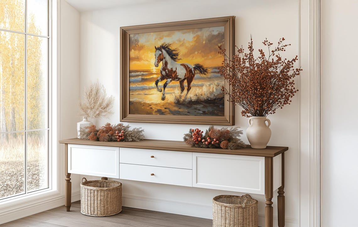 Paint Horse Galloping Through Ocean Surf At Golden Sunset Poster - Image 3