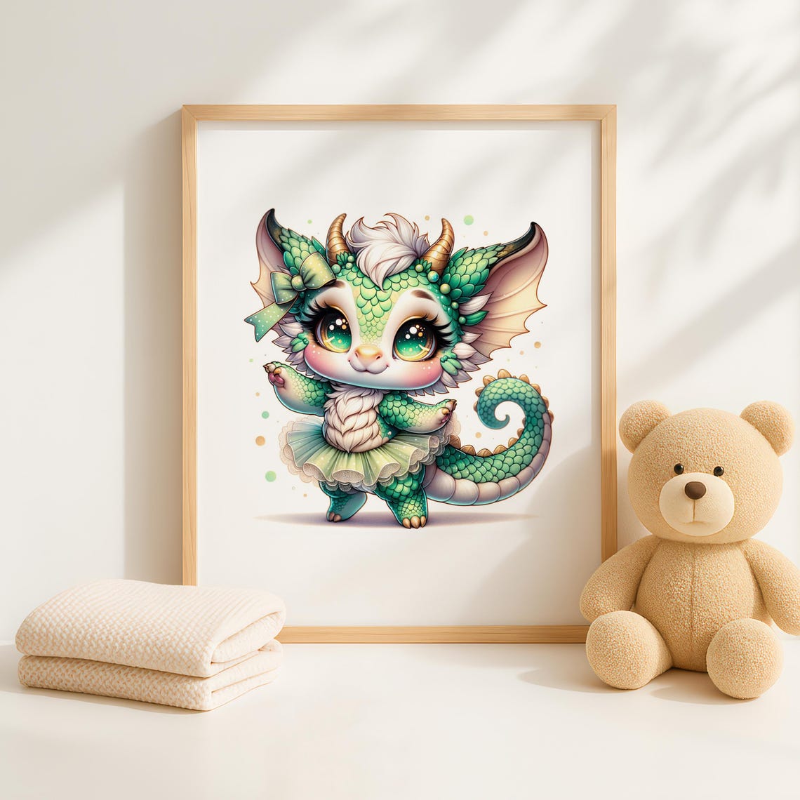 Whimsical Baby Dragon In Green Tutu And Bow Fantasy Nursery Art Poster - Image 4