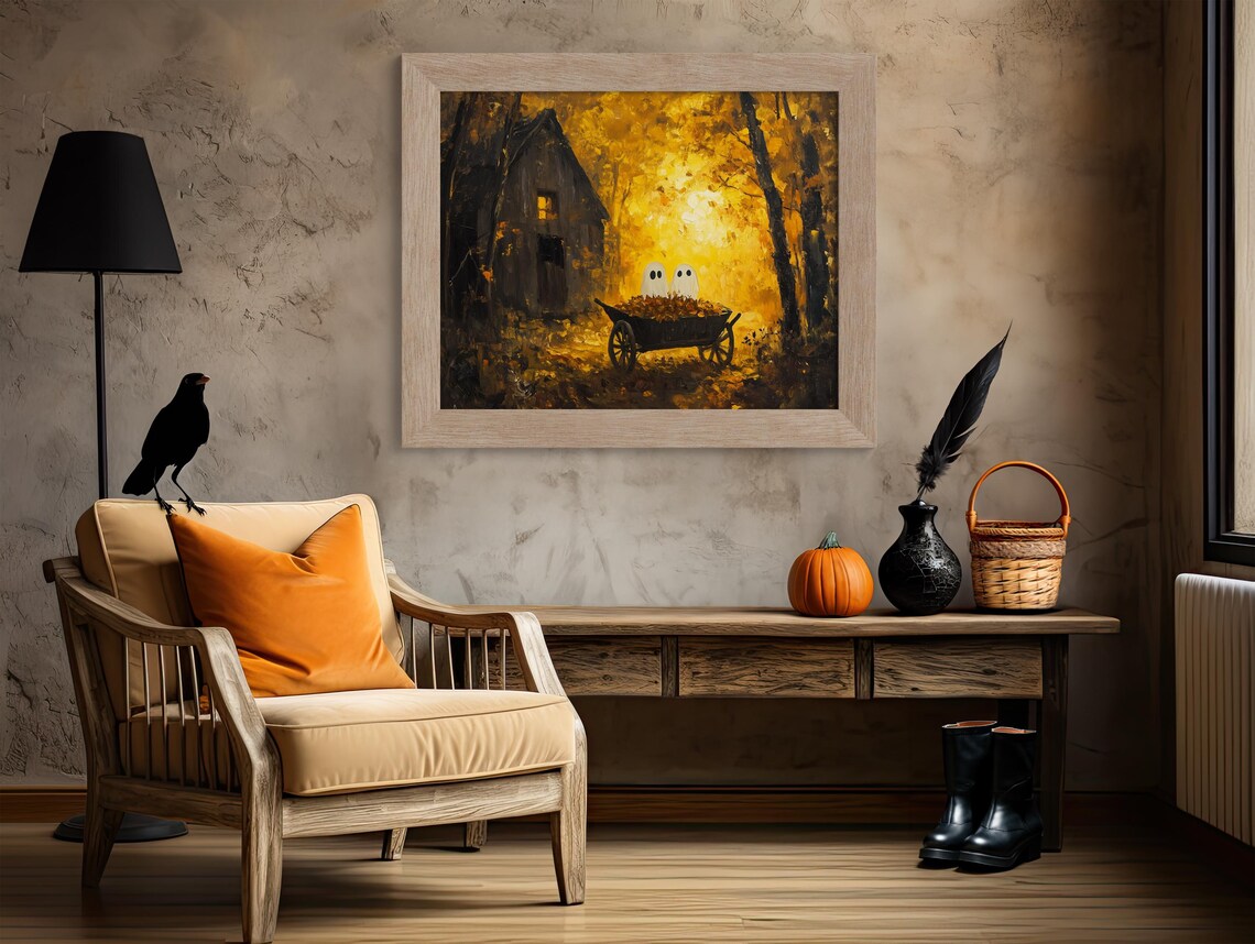 Cute Ghosts In Leaf Wheelbarrow Golden Autumn Farm Halloween Poster - Image 4
