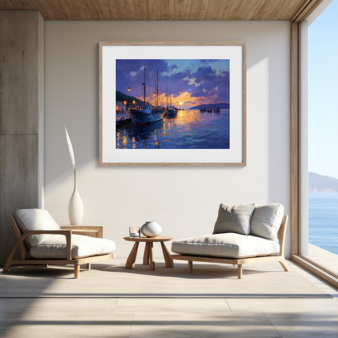 Fishing Boats In Harbor At Sunset Night Lights Impressionist Poster - Image 2