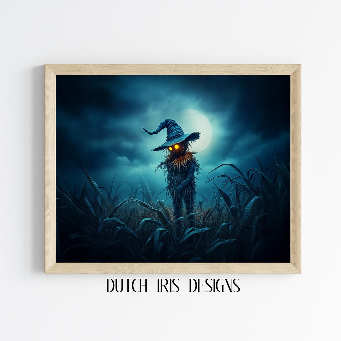 Creepy Scarecrow with Glowing Eyes in a Moonlit Cornfield Night Poster
