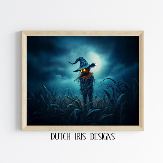 Creepy Scarecrow with Glowing Eyes in a Moonlit Cornfield Night Poster