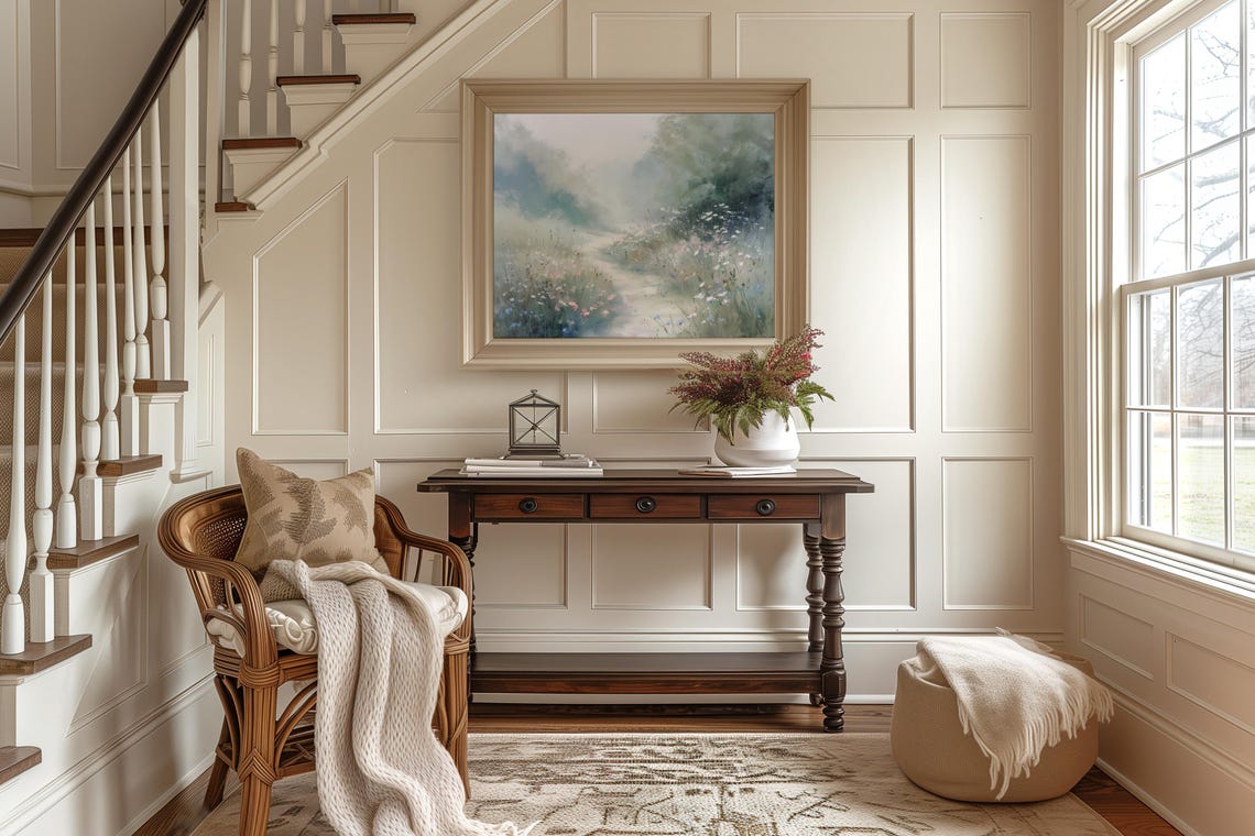 Misty Meadow Path With Wildflowers Dreamy Watercolor Landscape Poster - Image 2
