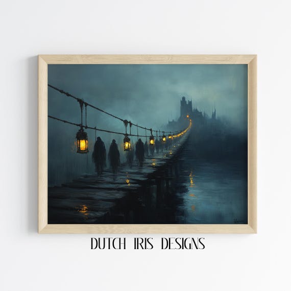 Moody Ghostly Procession On Misty Bridge Oil Painting Spooky Wall Art Vintage Night Scene Atmospheric Decor 447