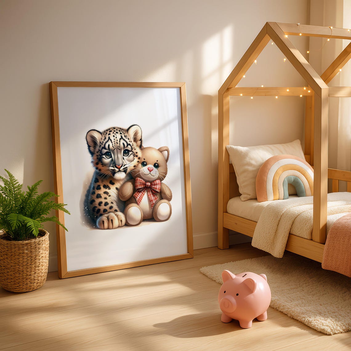 Baby Snow Leopard With Teddy Bear Cute Nursery Safari Poster - Image 3