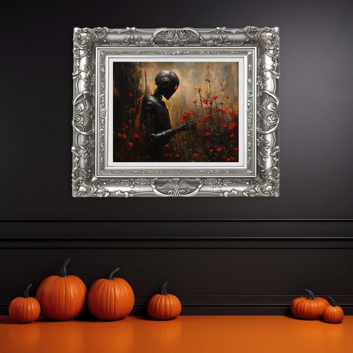 Dark Robot with a Red Eye Standing in a Field of Red Poppies Poster - Image 3