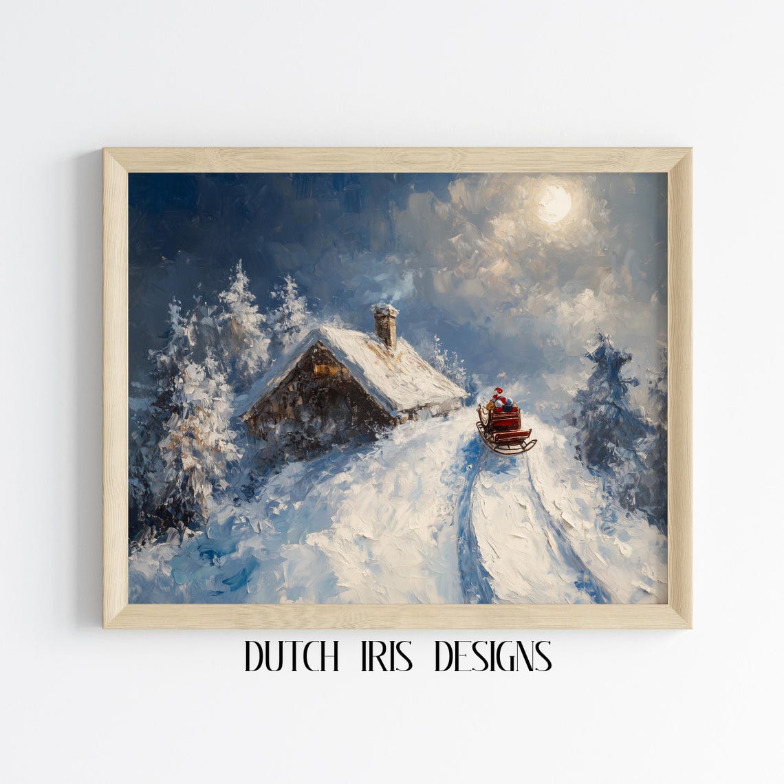 Santa Sleigh Landing on a Snowy Rooftop Cabin Under a Full Moon Poster