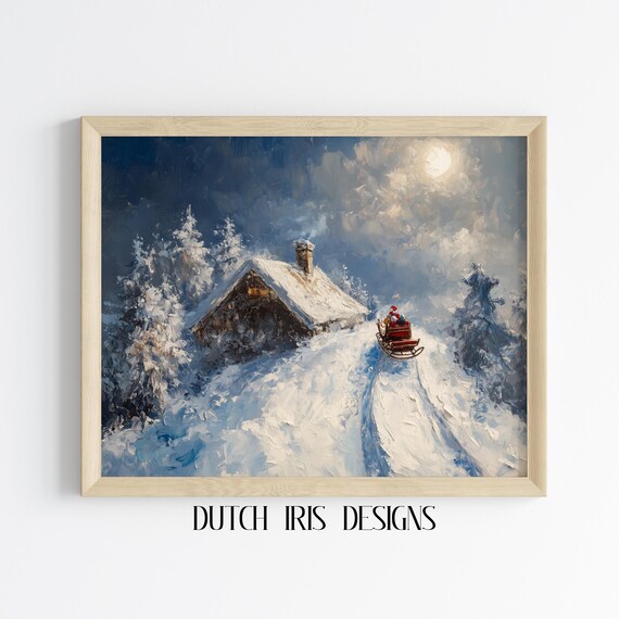 Santa Sleigh Landing on a Snowy Rooftop Cabin Under a Full Moon Poster