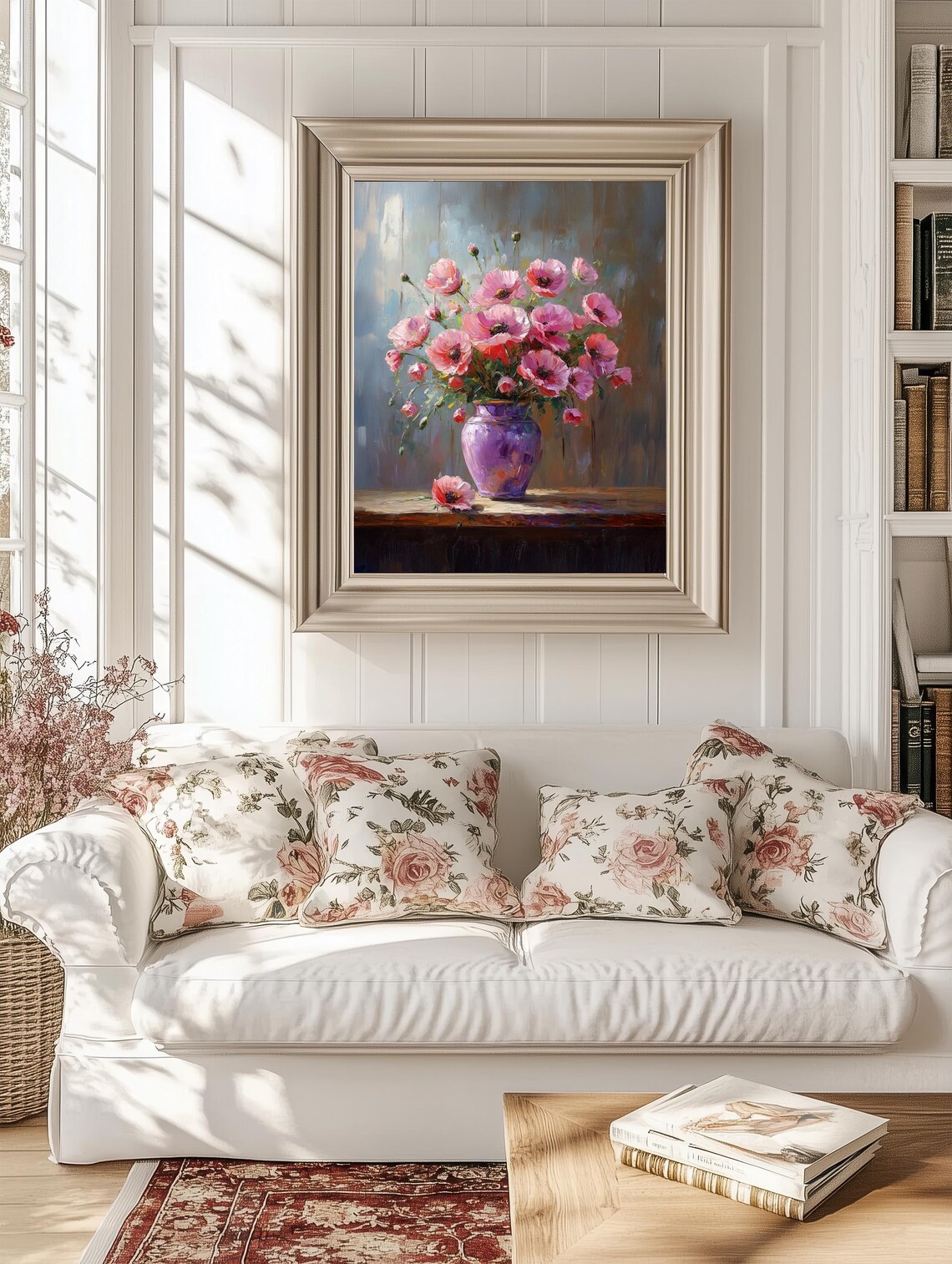 Pink Poppies In Purple Vase Impressionist Floral Oil Painting Poster - Image 2