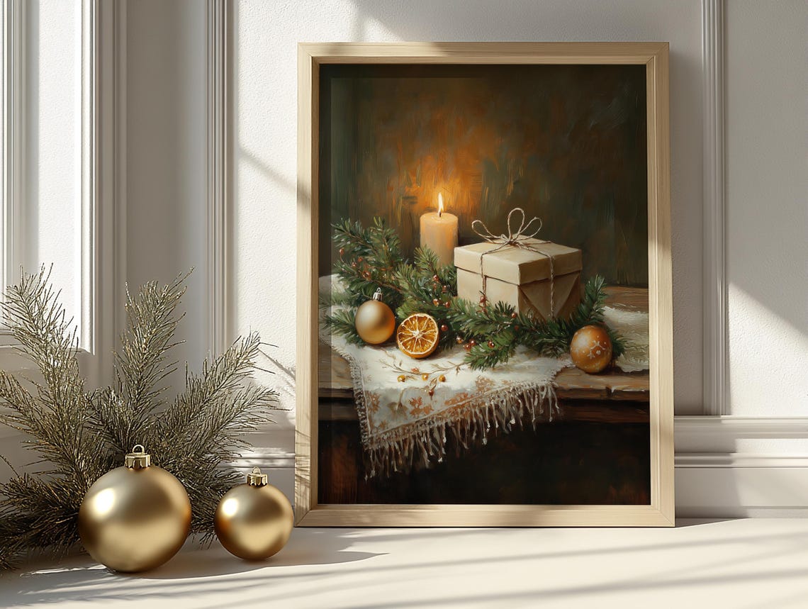 Christmas Candle and Gift Rustic Holiday Still Life Painting Poster - Image 3