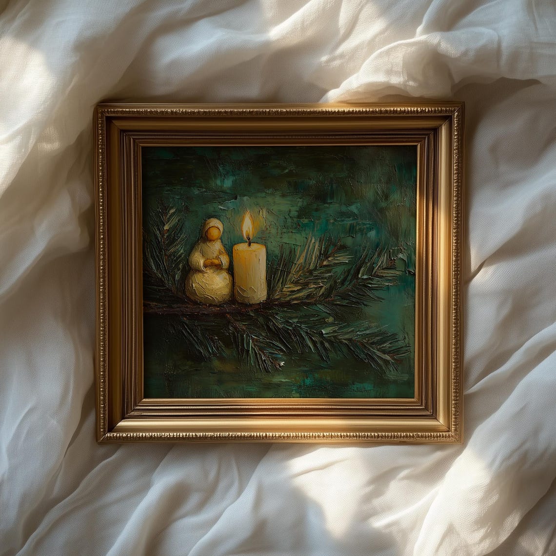 Small Figurine and Glowing Candle on a Pine Branch Night Poster - Image 2