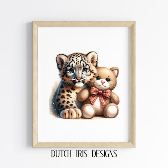 Cute Baby Snow Leopard And Toy Bear Art Nursery Wall Decor Animal Friend Illustration Kids Room Print 266