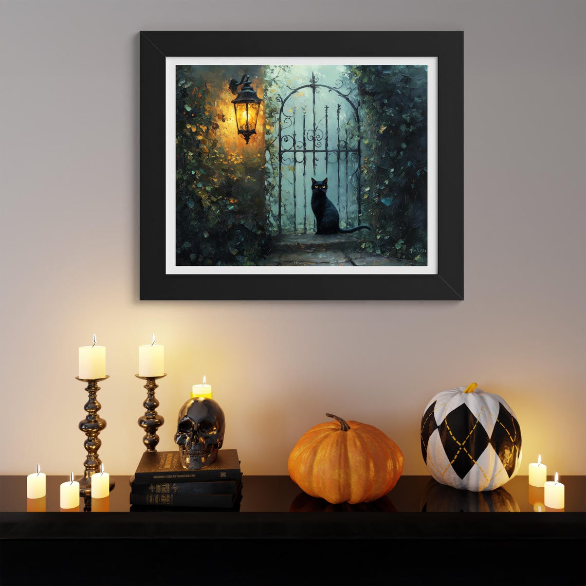 Black Cat By Iron Garden Gate Under Glowing Lantern Night Poster - Image 3