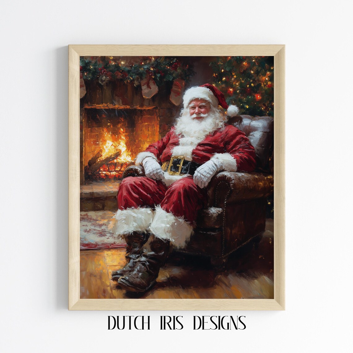 Santa Claus by Fireplace Vintage Christmas Holiday Painting Poster