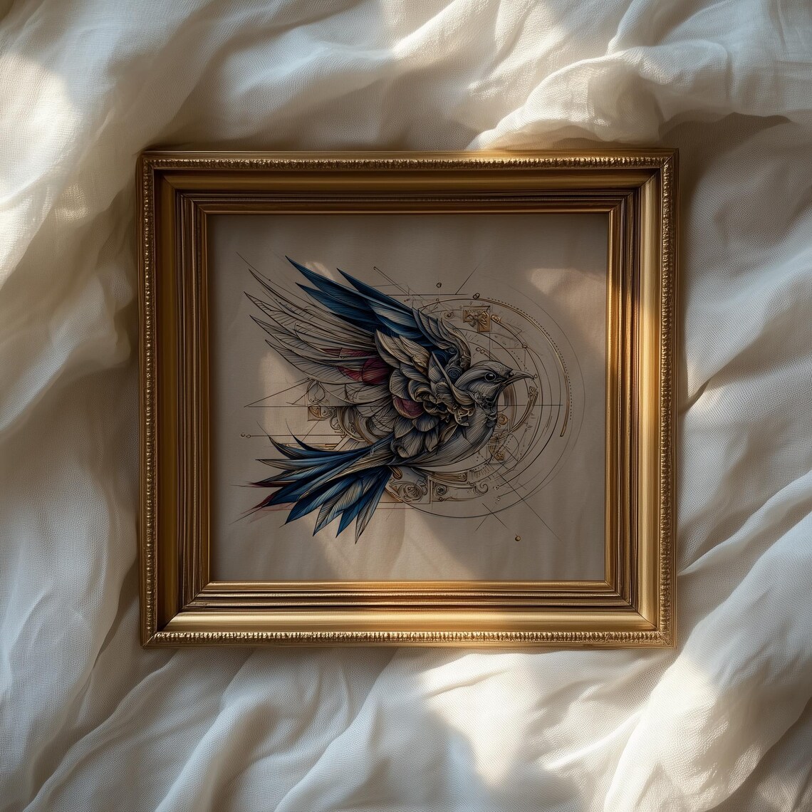 Flying Bird With Outstretched Wings Gold Geometric Ink Art Poster - Image 2