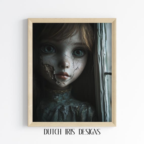 Moody Halloween Wall Art Vintage Cracked Porcelain Doll Painting Spooky Attic Scene Gothic Decor Creepy Artwork Print 464