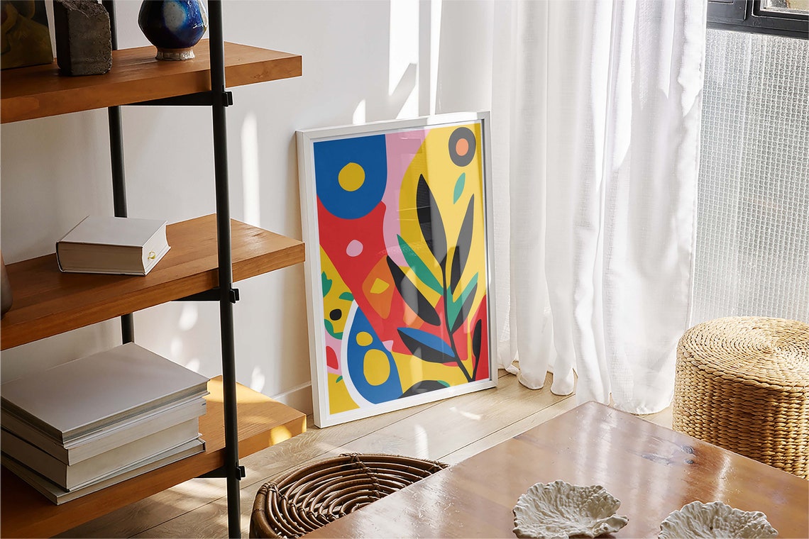 Colorful Abstract Botanical Blue Yellow Leaf Branch Modern Poster - Image 4