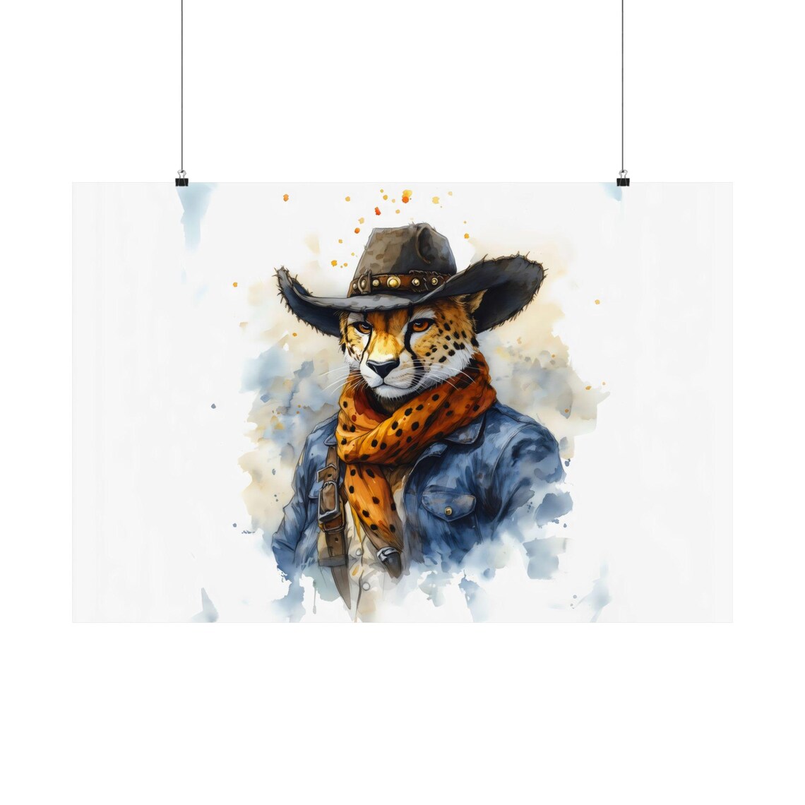 Cheetah Cowboy Denim Jacket Orange Scarf Watercolor Western Artwork Poster - Image 3