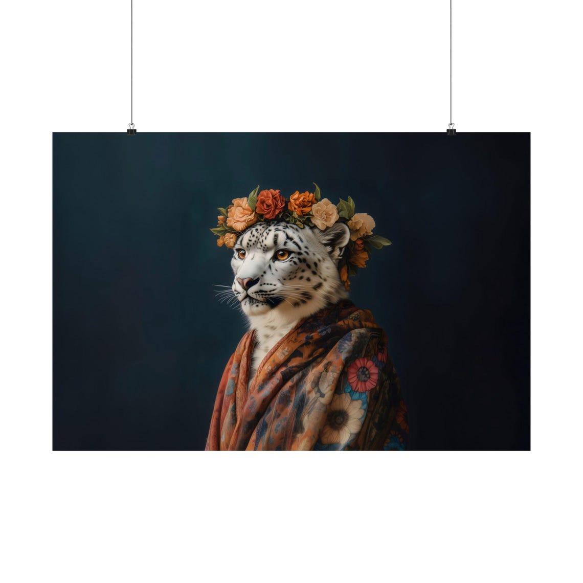 Majestic Snow Leopard Flower Crown Kimono Maximalist Cat Poster - Image 3