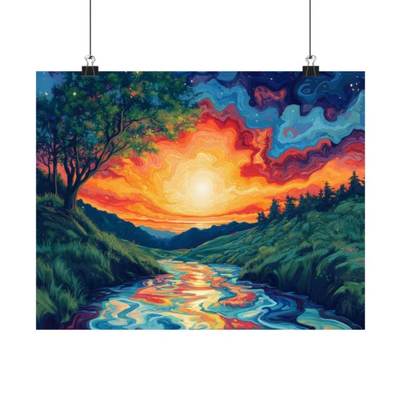 Psychedelic Sunrise Poster Print Landscape Modern Painting Nature Calm Relaxing Wall Print Airbnb Art Wall Decor