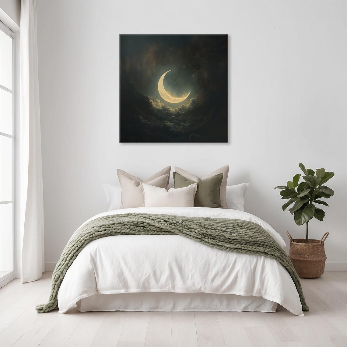 Luminous Crescent Moon Dark Cloudy Night Sky Celestial Print