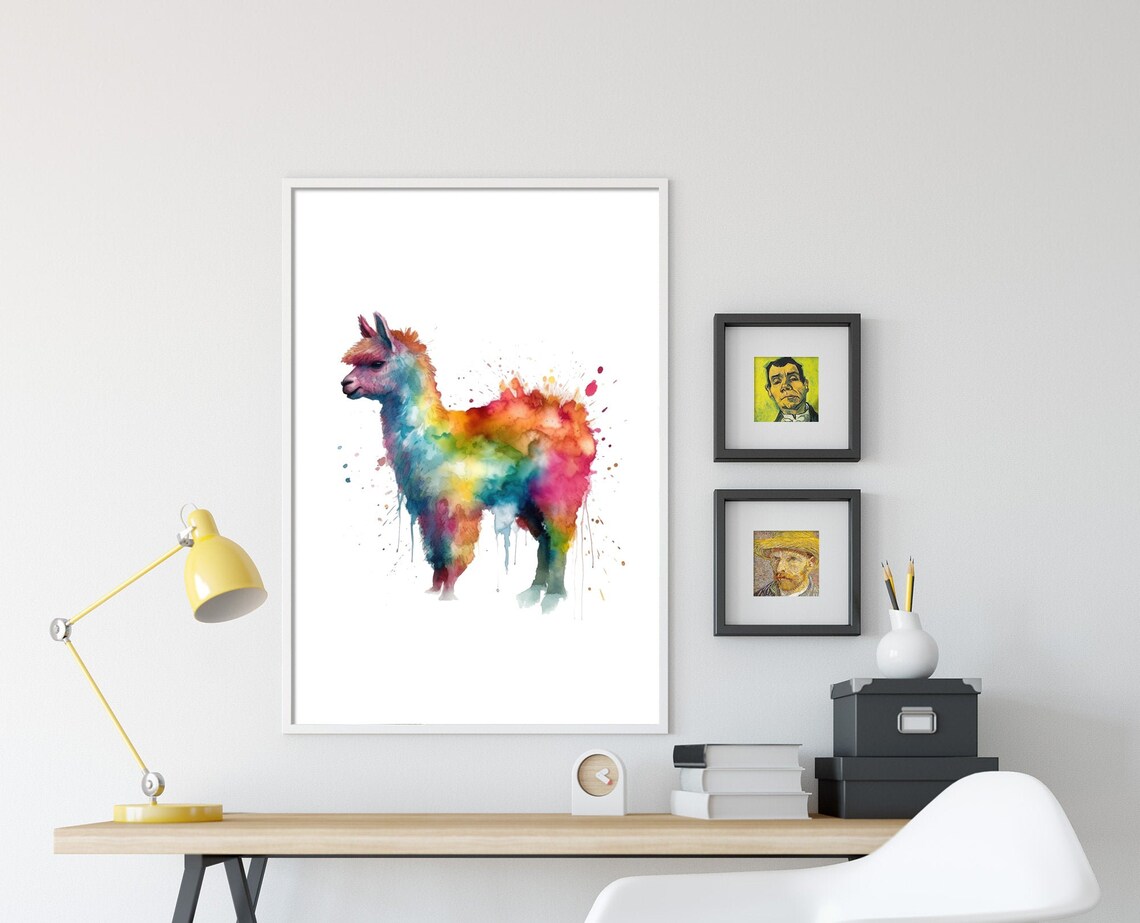 Rainbow Watercolor Alpaca Portrait Splash Paint Wildlife Art Print - Image 4