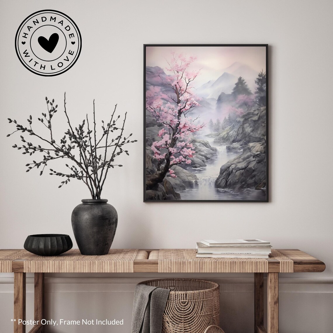 Cherry Blossom Pink Watercolor Art Print, Asian Landscape