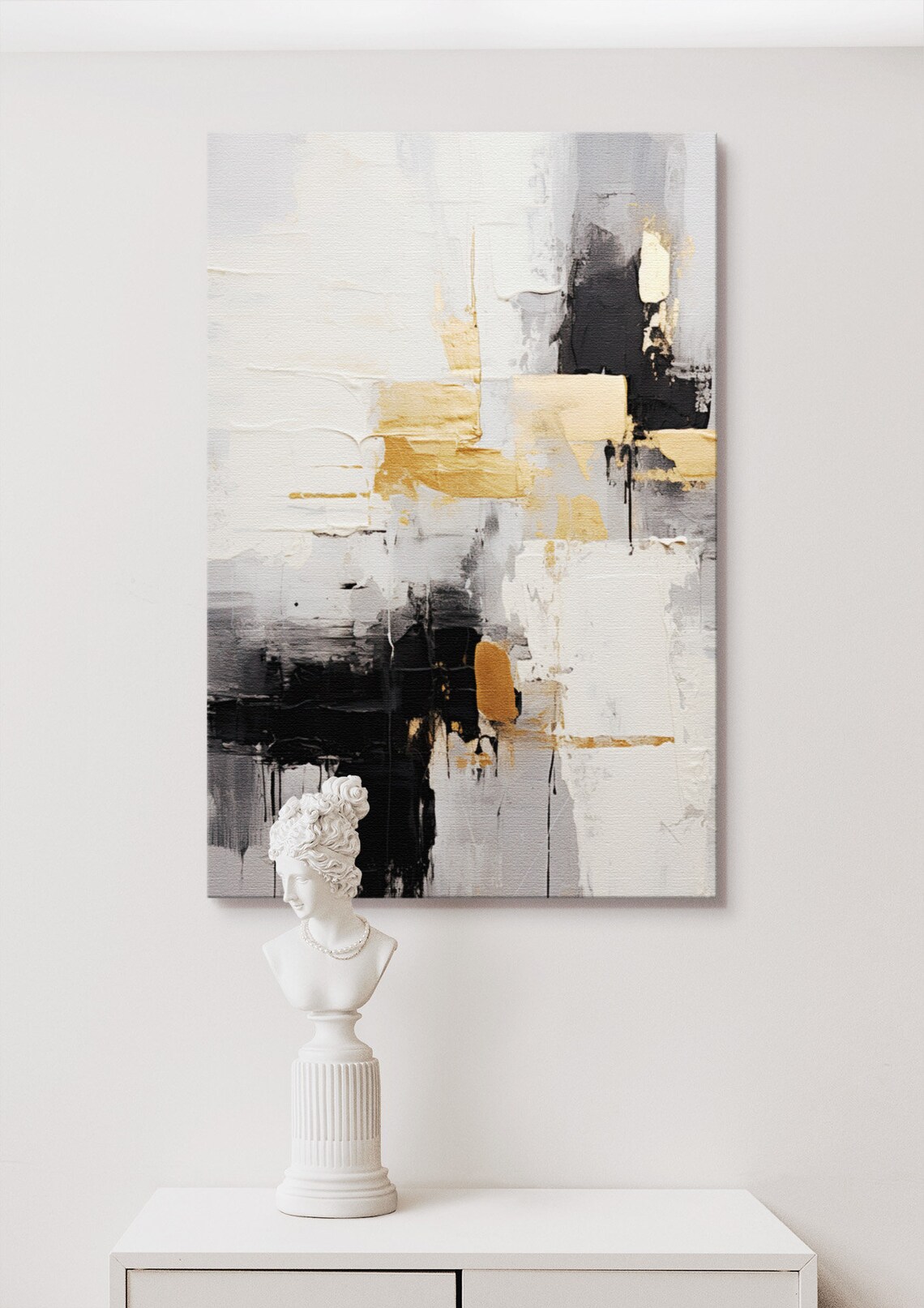 Gold Black White Abstract Painting, Living Room Decor