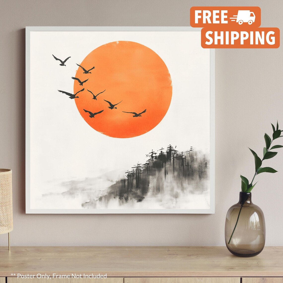 Hokusai Japanese Landscape Art Print, Square Red Sun