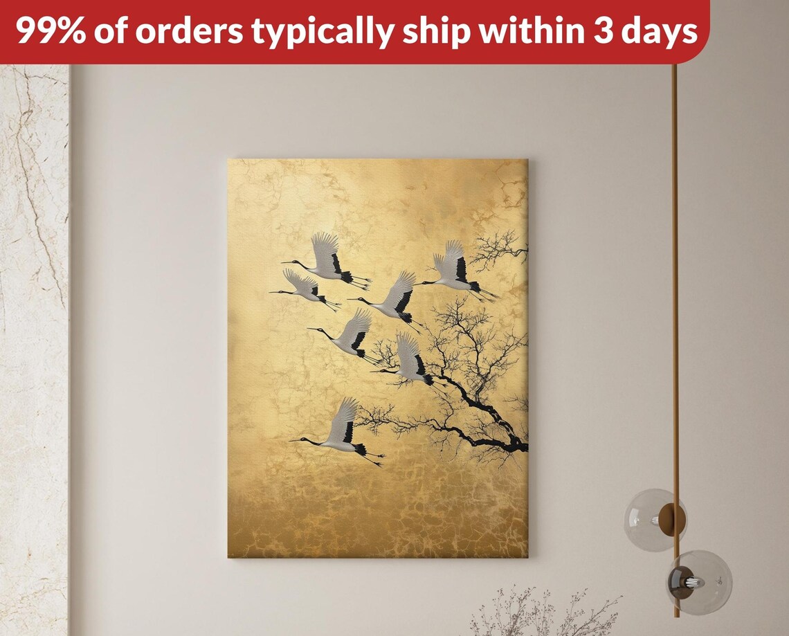 Vintage Gold Flying Cranes, Traditional Japanese Art