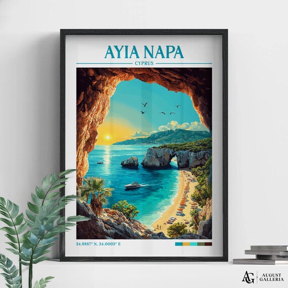 Ayia Napa Cyprus Sea Cave Turquoise Beach Sunset Retro Travel Poster
