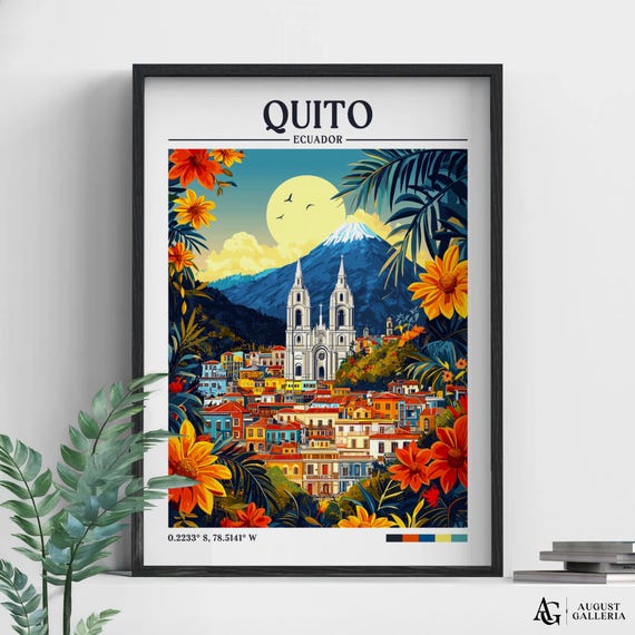 Quito Ecuador Retro Travel Print Wall Art Framed Canvas Poster Illustration Wanderlust