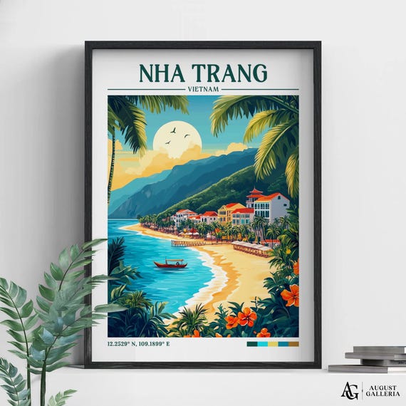 Nha Trang Vietnam Retro Travel Print Wall Art Framed Canvas Poster Illustration Wanderlust