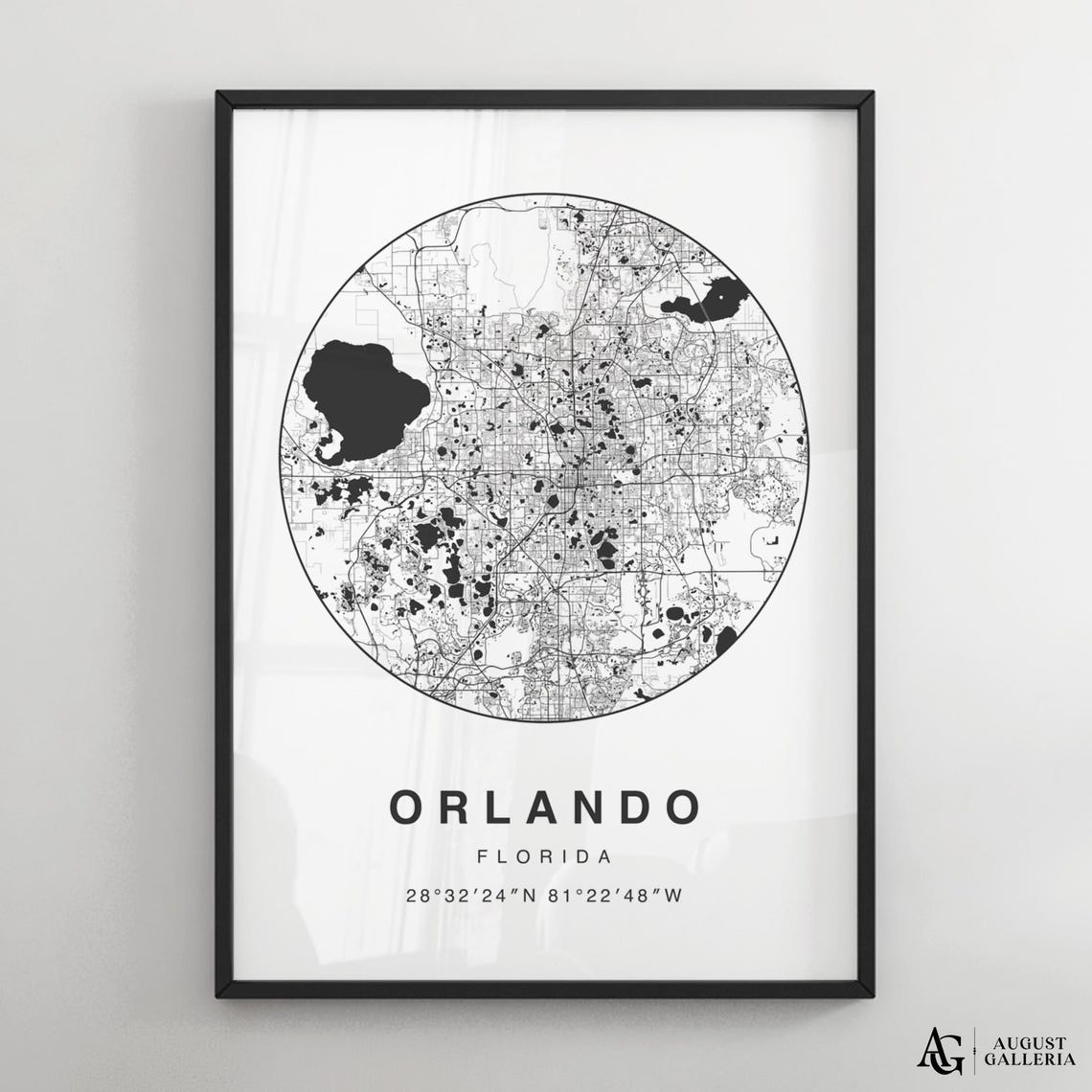 Orlando Florida Circular Minimalist Black White City Map Poster