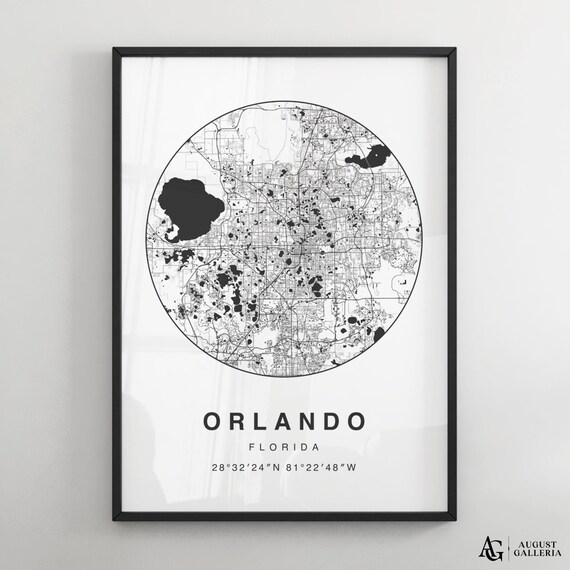 Orlando Florida Circular Minimalist Black White City Map Poster