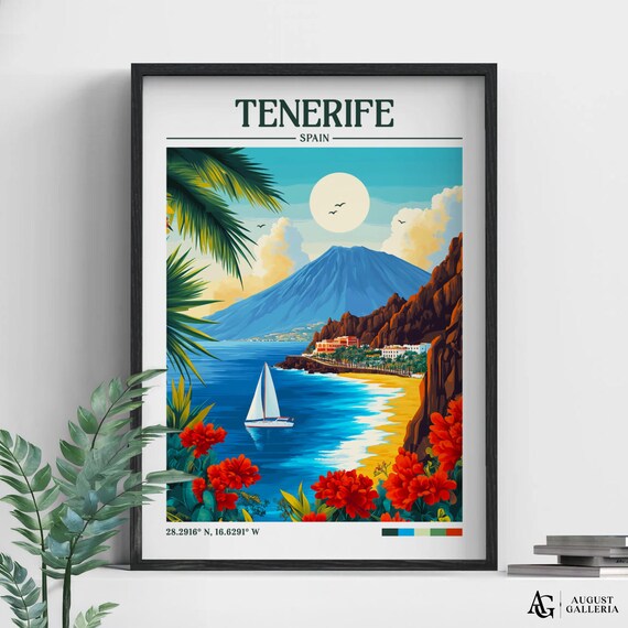 Tenerife Spain Coastal Sunset Vintage Travel Destination Poster