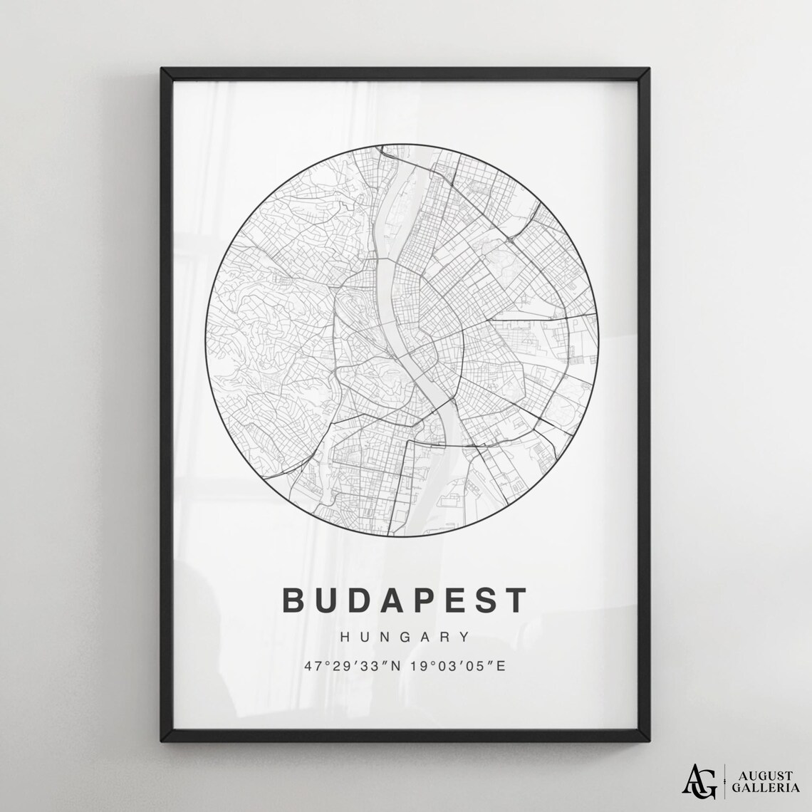 Budapest Hungary Minimalist Black and White Circular City Map Print